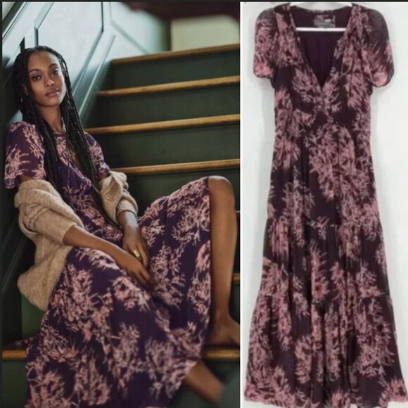 Anthropologie Whimsical Fairy Boho Floral Maxi Dress Purple Pink Tiered Small - Picture 1 of 13